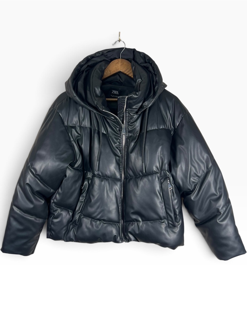 Zara Quilted Faux Leather Puffer Jacket Womens L Black Hooded Short Oversized